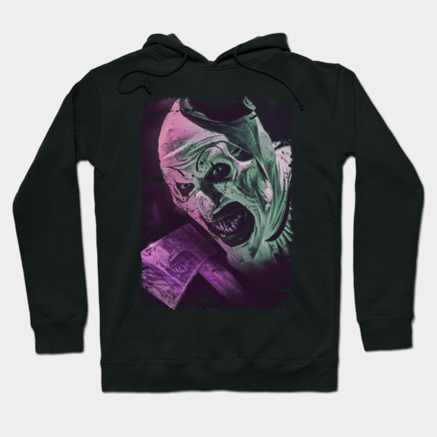 Black horror-themed hoodie with graphic design, cotton material, unisex style, perfect for casual wear or Halloween events.