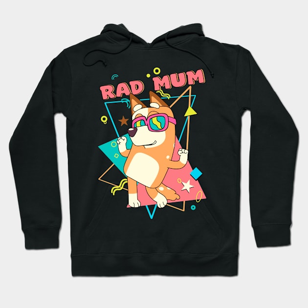 Black hoodie with colorful cartoon dog graphic and "Rad Mum" text, perfect for casual wear. Cozy cotton material.