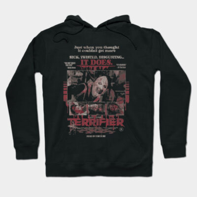 Black horror-themed hoodie with graphic print, featuring bold red and white text. Ideal for casual wear and horror fans.