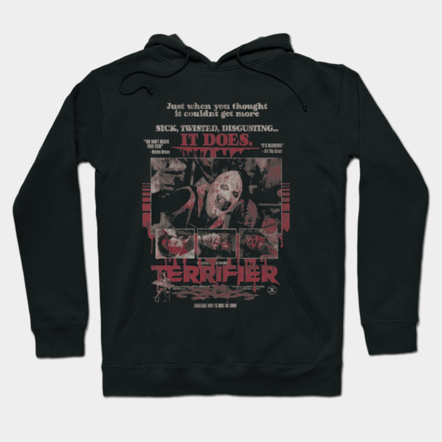 Black horror-themed hoodie with graphic print, featuring bold red and white text. Ideal for casual wear and horror fans.