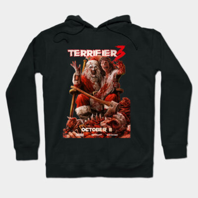 Black hoodie featuring "Terrifier 3" horror movie graphic print, perfect for fans and casual wear, cotton blend material.