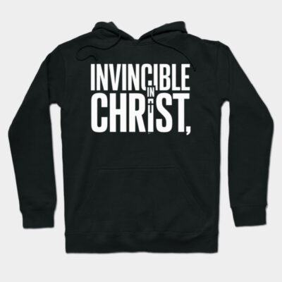 Black hoodie with "Invincible in Christ" text, casual style, soft cotton material, perfect for everyday wear.