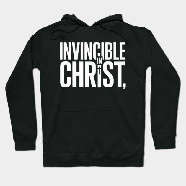 Black hoodie with "Invincible in Christ" text, casual style, soft cotton material, perfect for everyday wear.