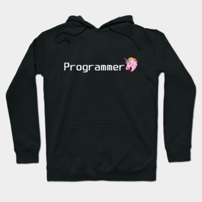 Black hoodie with "Programmer" text and pink unicorn graphic, casual and cozy style, perfect for tech enthusiasts.