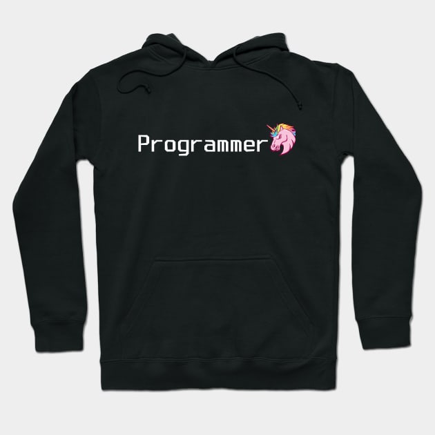 Black hoodie with "Programmer" text and pink unicorn graphic, casual and cozy style, perfect for tech enthusiasts.
