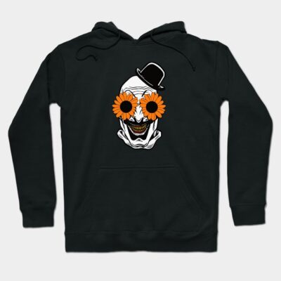Black hoodie with a skull graphic, orange flower eyes, and a top hat. Casual style, perfect for cool weather.