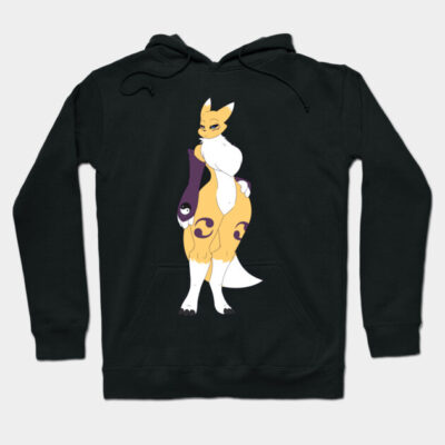 Black hoodie with a colorful cartoon fox design, featuring vibrant yellow and purple accents, ideal for casual wear.