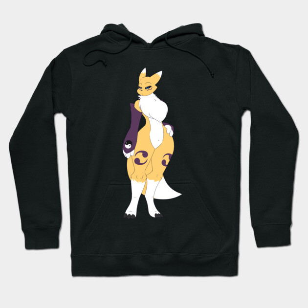 Black hoodie with a colorful cartoon fox design, featuring vibrant yellow and purple accents, ideal for casual wear.