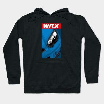 Black hoodie with blue car graphic and "WRX" text, featuring a sporty design. Perfect for casual wear.