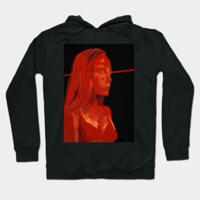 Black hoodie with abstract red artwork, featuring a minimalist design. Ideal for casual wear, cotton blend material.