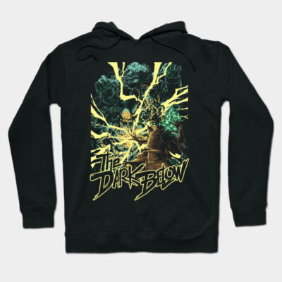 Black hoodie featuring "The Dark Below" graphic with vibrant green and yellow design, perfect for casual wear.