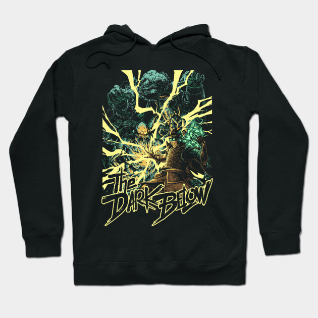 Black hoodie featuring "The Dark Below" graphic with vibrant green and yellow design, perfect for casual wear.