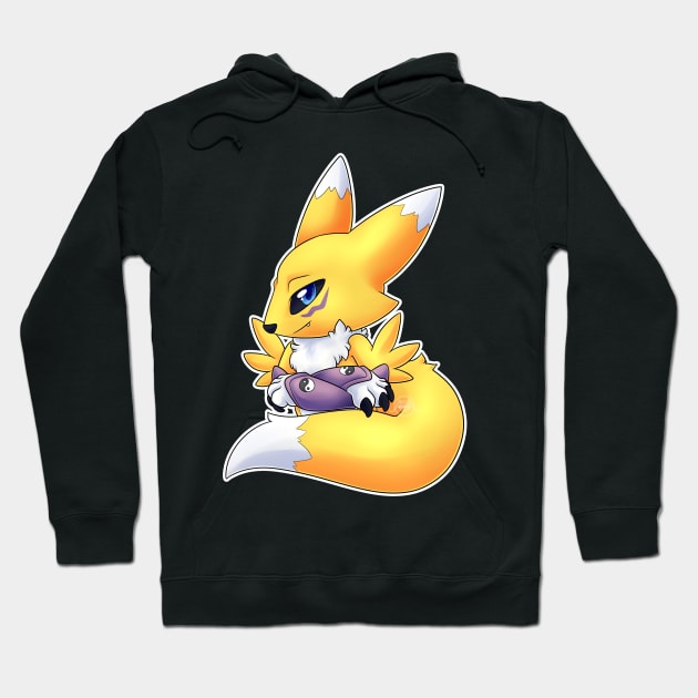 Black hoodie with a cute yellow fox graphic, featuring a playful style, perfect for casual wear and cozy comfort.