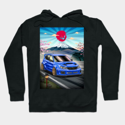 Black hoodie with vibrant blue car graphic, featuring cherry blossoms and mountain background. Casual wear, cotton blend.