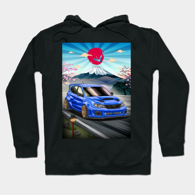 Black hoodie with vibrant blue car graphic, featuring cherry blossoms and mountain background. Casual wear, cotton blend.