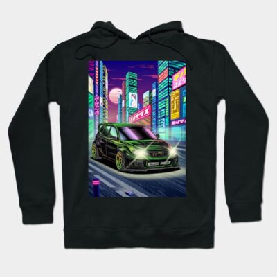 Black hoodie featuring a neon cityscape with a racing car design, ideal for casual wear or street fashion.