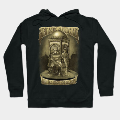 Black hoodie with vintage arcade design, text "Stay Being a Little Kid", casual wear, cotton blend, unisex style.