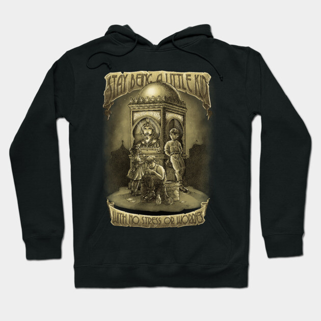 Black hoodie with vintage arcade design, text "Stay Being a Little Kid", casual wear, cotton blend, unisex style.
