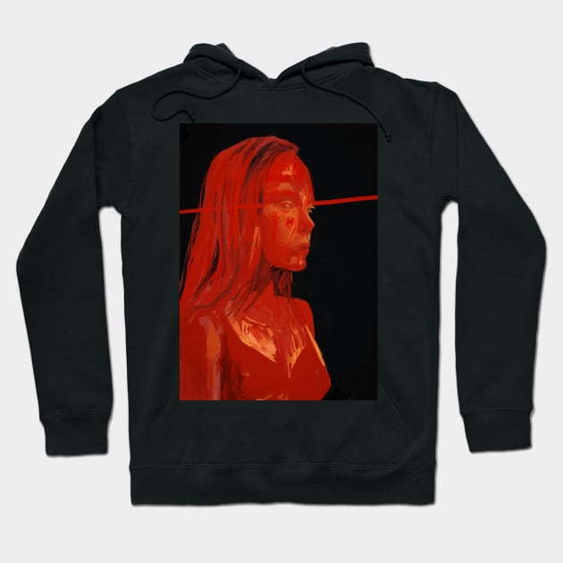 Black hoodie with abstract red artwork, featuring a minimalist design. Ideal for casual wear, cotton blend material.