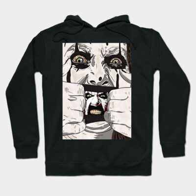 Black hoodie with horror-themed graphic, featuring a face with intense expression, perfect for casual wear.