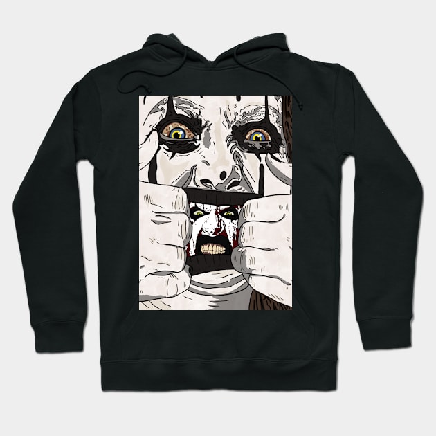 Black hoodie with horror-themed graphic, featuring a face with intense expression, perfect for casual wear.