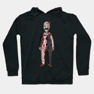 "Black hoodie with creepy zombie illustration, featuring red and white accents, perfect for casual Halloween wear."