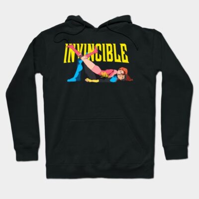 Black hoodie with colorful superhero graphic and "Invincible" text, ideal for casual wear.