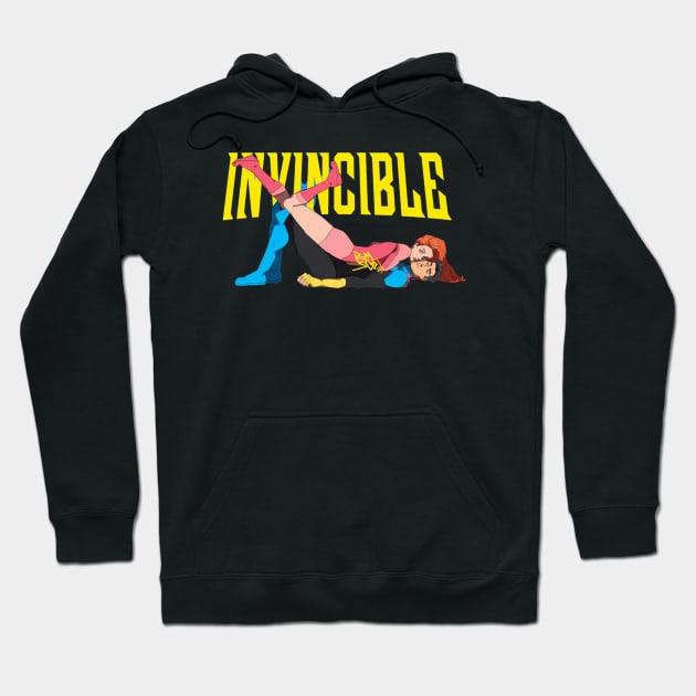 Black hoodie with colorful superhero graphic and "Invincible" text, ideal for casual wear.