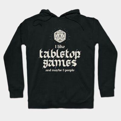 Black hoodie with "I Like Tabletop Games" text and dice graphic, ideal for gaming enthusiasts, cotton material.