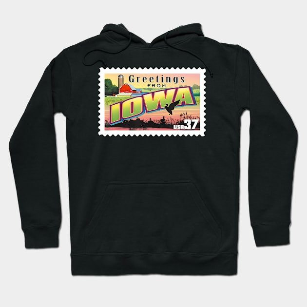 Black hoodie with "Greetings from Iowa" colorful graphic, casual style, cotton blend, unisex, perfect for everyday wear.