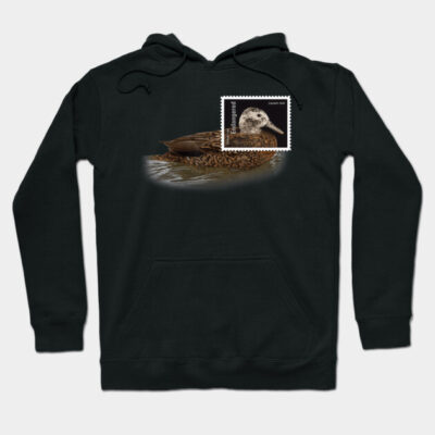 Black hoodie with duck stamp print, casual style, soft cotton blend, perfect for everyday wear and nature lovers.