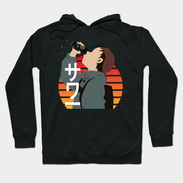 Black hoodie with retro sunset graphic and Japanese text, casual style, ideal for everyday wear and street fashion.