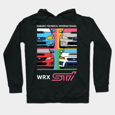 Black hoodie with colorful car graphics, featuring Subaru WRX STI design. Casual wear, soft cotton blend.