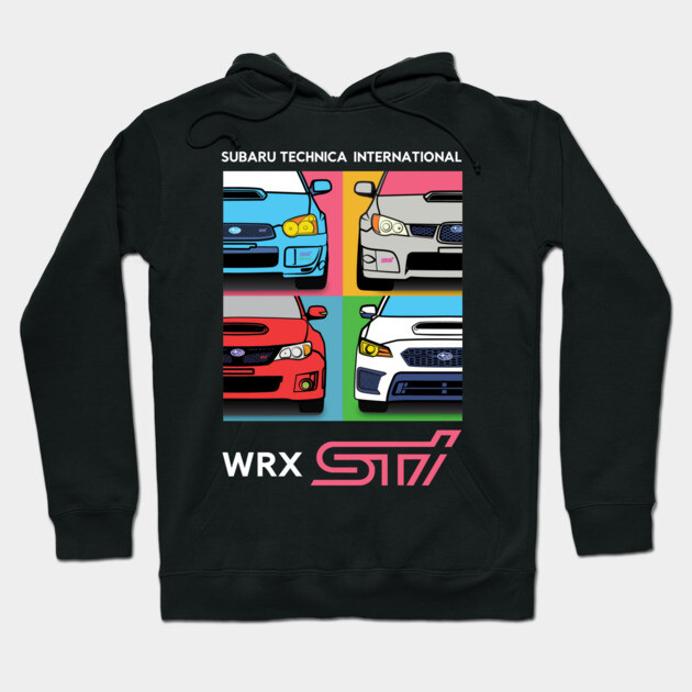 Black hoodie with colorful car graphics, featuring Subaru WRX STI design. Casual wear, soft cotton blend.