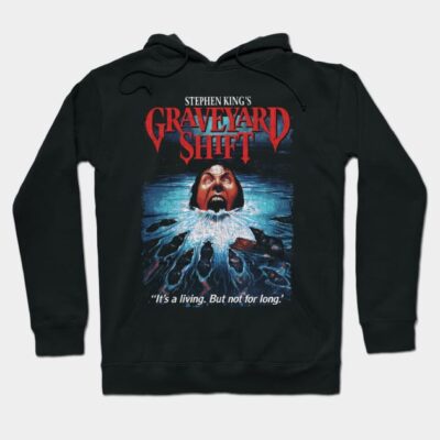 Black "Graveyard Shift" graphic hoodie, horror-themed design, cozy cotton blend, unisex casual wear.