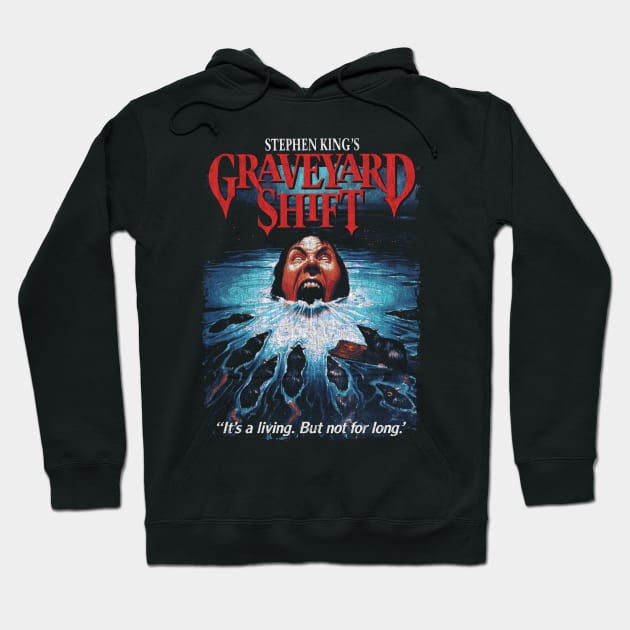 Black "Graveyard Shift" graphic hoodie, horror-themed design, cozy cotton blend, unisex casual wear.
