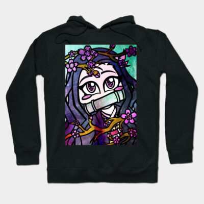 Black hoodie with vibrant anime-inspired illustration featuring cherry blossoms and mystical elements.