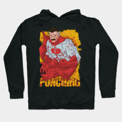 Black hoodie with bold superhero graphic design and "Punching" text, perfect for casual wear, cotton blend material.