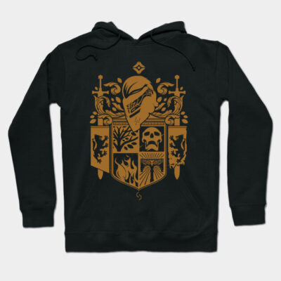 Black hoodie with medieval crest design, featuring gold accents. Perfect for casual wear, made from soft cotton blend.