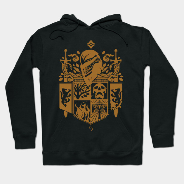 Black hoodie with medieval crest design, featuring gold accents. Perfect for casual wear, made from soft cotton blend.