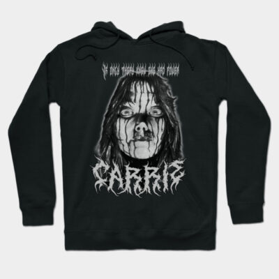 Black horror-themed hoodie with graphic design and text, perfect for casual wear or Halloween events. Cotton material.