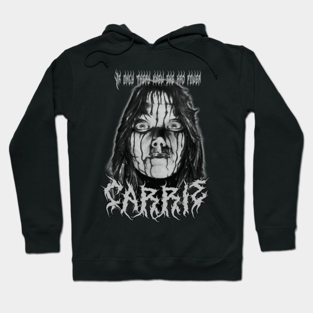 Black horror-themed hoodie with graphic design and text, perfect for casual wear or Halloween events. Cotton material.