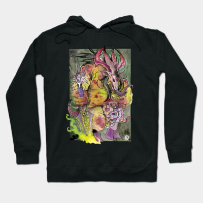 Black hoodie with colorful fantasy creature art, featuring intricate design. Perfect for casual wear and art enthusiasts.