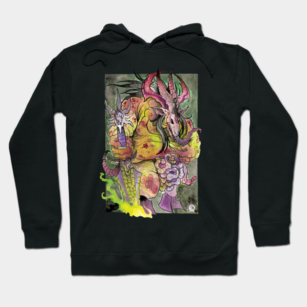 Black hoodie with colorful fantasy creature art, featuring intricate design. Perfect for casual wear and art enthusiasts.
