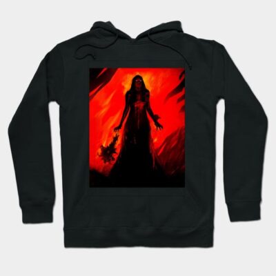 Black cotton hoodie with fiery graphic design, casual style, perfect for everyday wear and comfort.