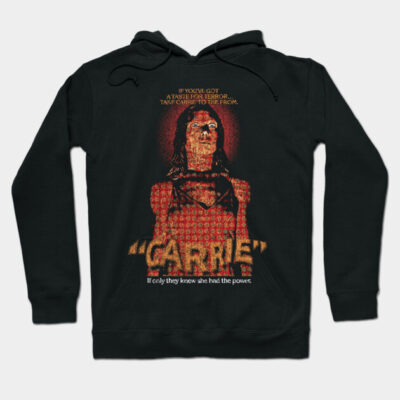 Black "Carrie" hoodie with graphic print, horror theme, cotton blend, casual wear, unisex style.