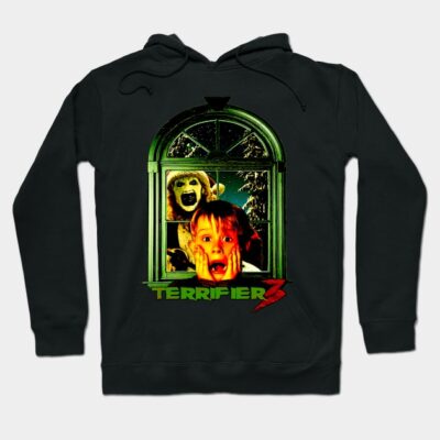 Black hoodie with "Terrifier 3" graphic print, featuring horror-themed window design, perfect for casual wear.