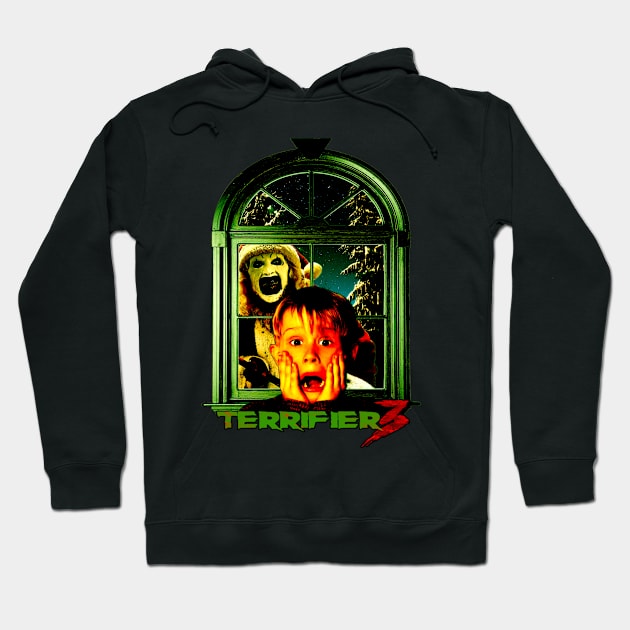 Black hoodie with "Terrifier 3" graphic print, featuring horror-themed window design, perfect for casual wear.