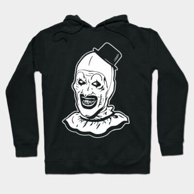 Black hooded sweatshirt with spooky clown graphic, long sleeves, and drawstring closure, ideal for casual wear.