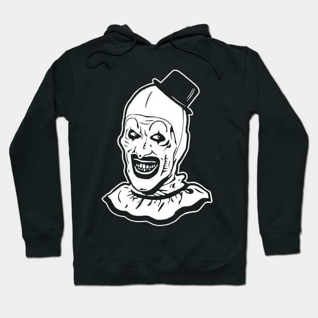 Black hooded sweatshirt with spooky clown graphic, long sleeves, and drawstring closure, ideal for casual wear.
